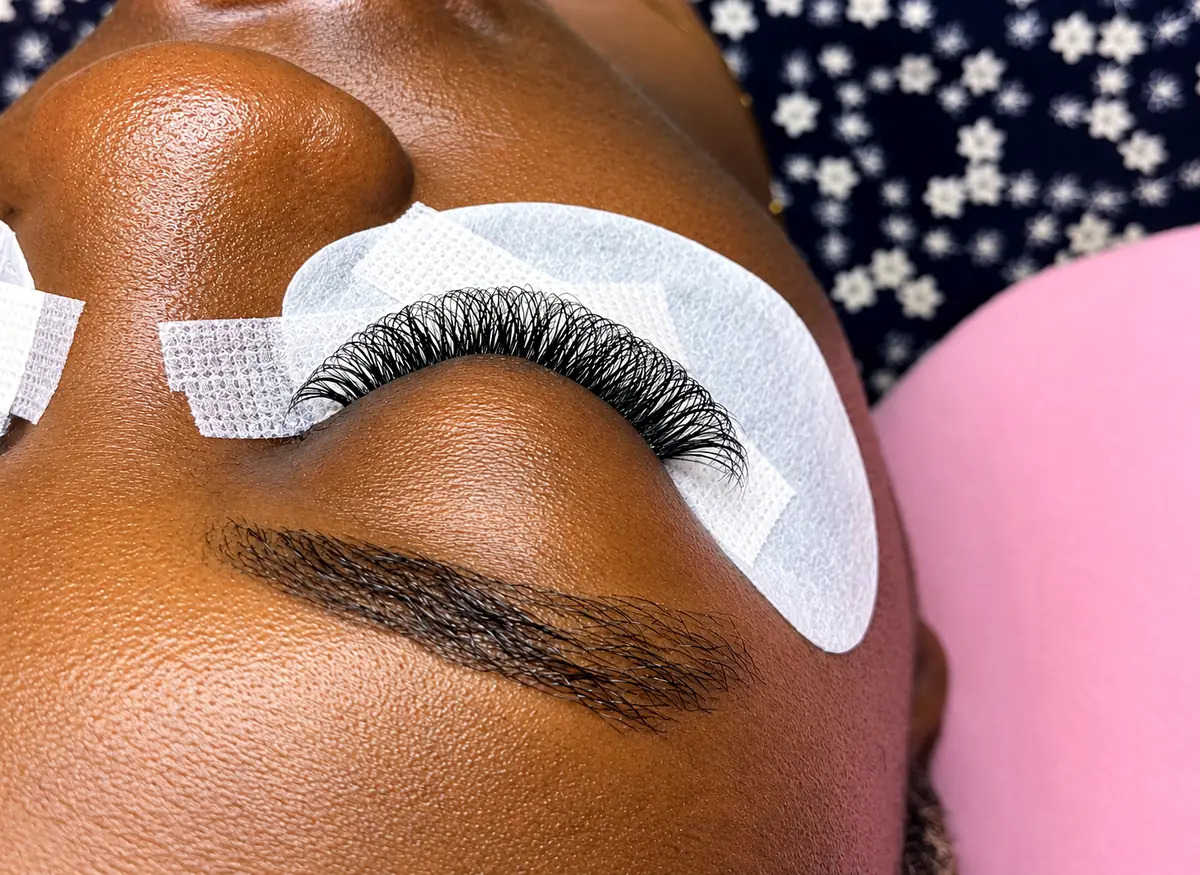 Mink lash extensions on a closed eye, with a shaped brow below